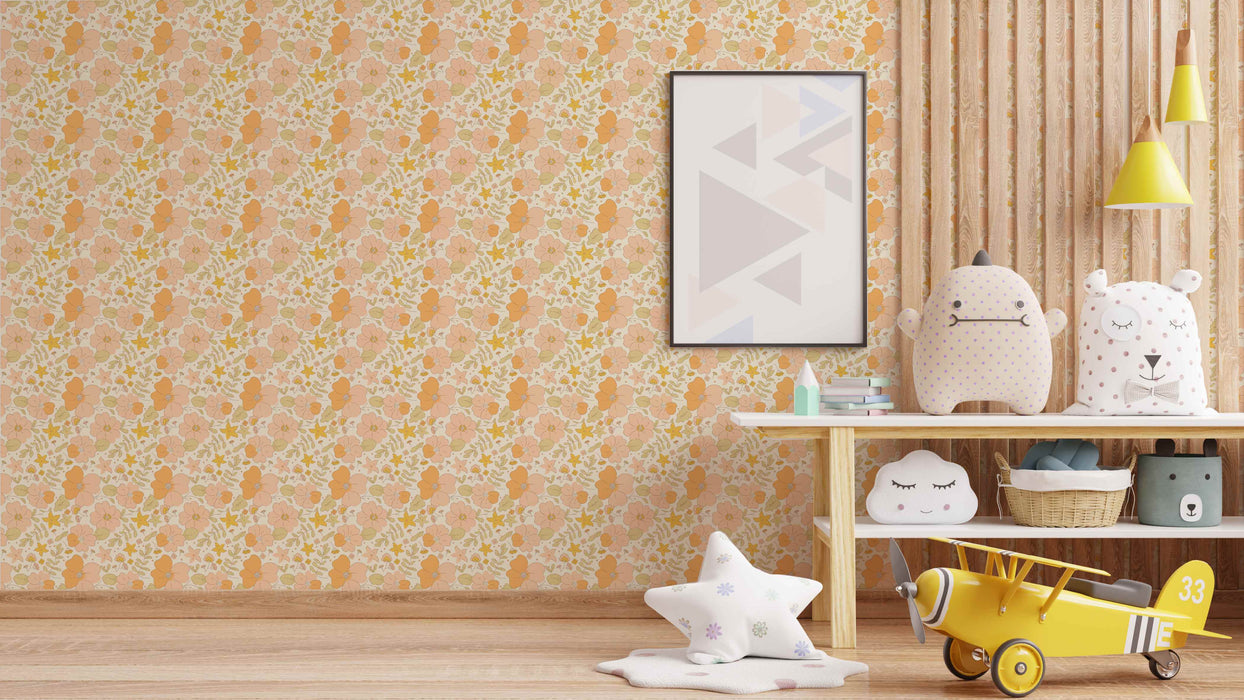 Playful 70's Floral Wallpaper - Peel and Stick Wallpaper - Fall Flat Panels