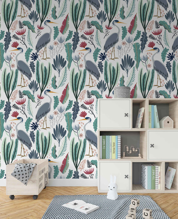 Coastal Crane Wallpaper - Peel and Stick Wallpaper - Fall Flat Easy Install Panels