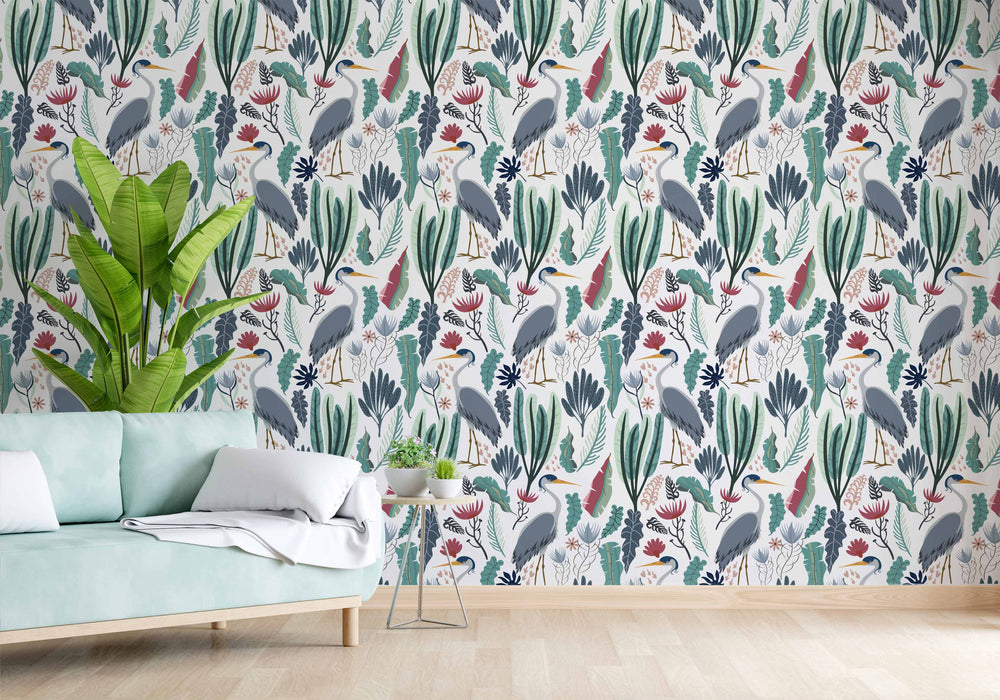 Coastal Crane Wallpaper - Peel and Stick Wallpaper - Fall Flat Easy Install Panels