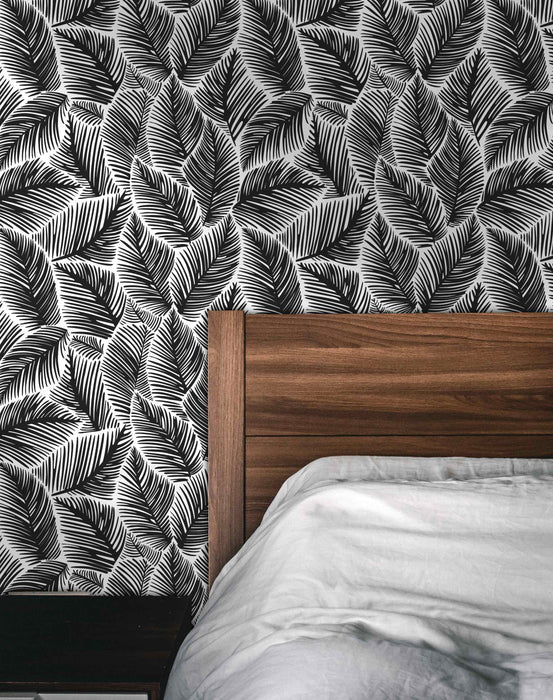 Allegra Leaf White and Black Wallpaper - Peel and Stick Wallpaper - Fall Flat Easy Panels