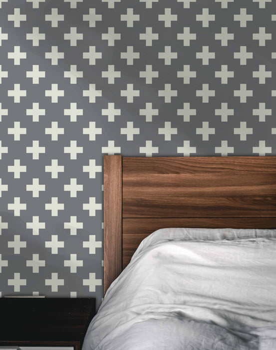 Swiss Cross Gray & Cream Wallpaper - Peel and Stick Wallpaper - Fall Flat Panels