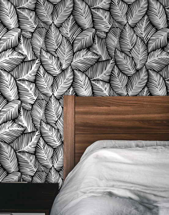 Allegra Leaf Black White Wallpaper - Peel and Stick Wallpaper - Fall Flat Easy Panels