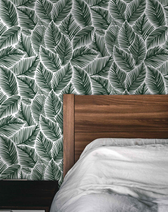Allegra Leaf Green and White Wallpaper - Peel and Stick Wallpaper - Fall Flat Easy Panels