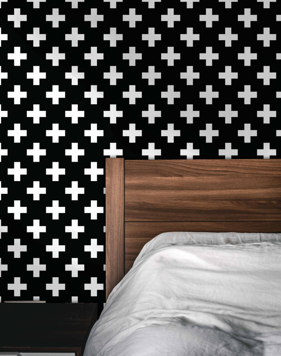 Swiss Cross Black & White Wallpaper - Peel and Stick Wallpaper - Fall Flat Panels