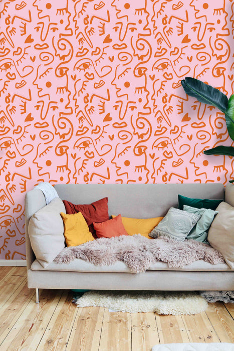 Scribble Face Wallpaper - Peel and Stick Wallpaper - Fall Flat Panels
