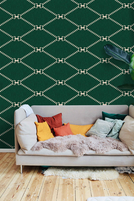 Horsebit Monogram Wallpaper Green LARGE - Peel and Stick Wallpaper - Fall Flat Panels