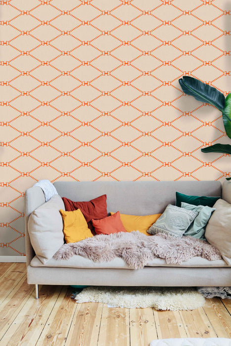 Horsebit Monogram Wallpaper Tangerine SMALL - Peel and Stick Wallpaper - Fall Flat Panels