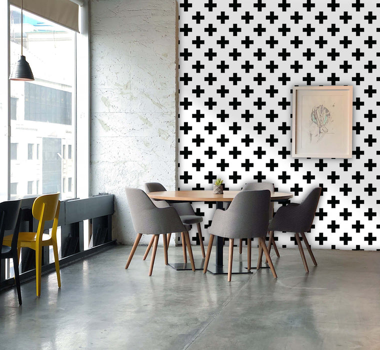 Swiss Cross White & Black Wallpaper - Peel and Stick Wallpaper - Fall Flat Panels