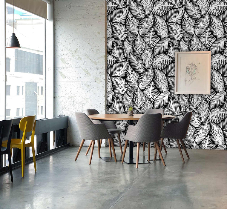 Allegra Leaf Black White Wallpaper - Peel and Stick Wallpaper - Fall Flat Easy Panels