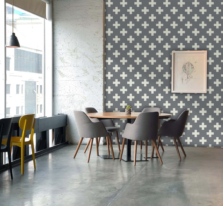 Swiss Cross Gray & Cream Wallpaper - Peel and Stick Wallpaper - Fall Flat Panels
