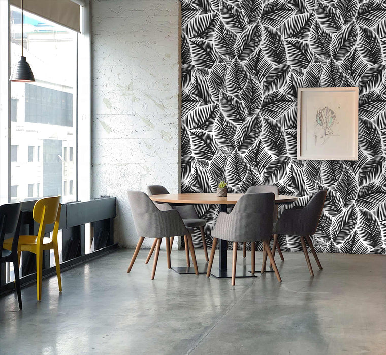 Allegra Leaf White and Black Wallpaper - Peel and Stick Wallpaper - Fall Flat Easy Panels