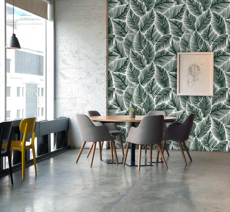 Allegra Leaf Green and White Wallpaper - Peel and Stick Wallpaper - Fall Flat Easy Panels