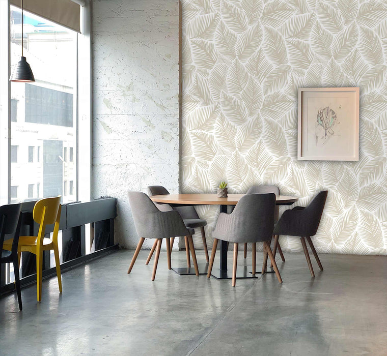 Allegra Leaf White and Beige Wallpaper - Peel and Stick Wallpaper - Fall Flat Easy Panels