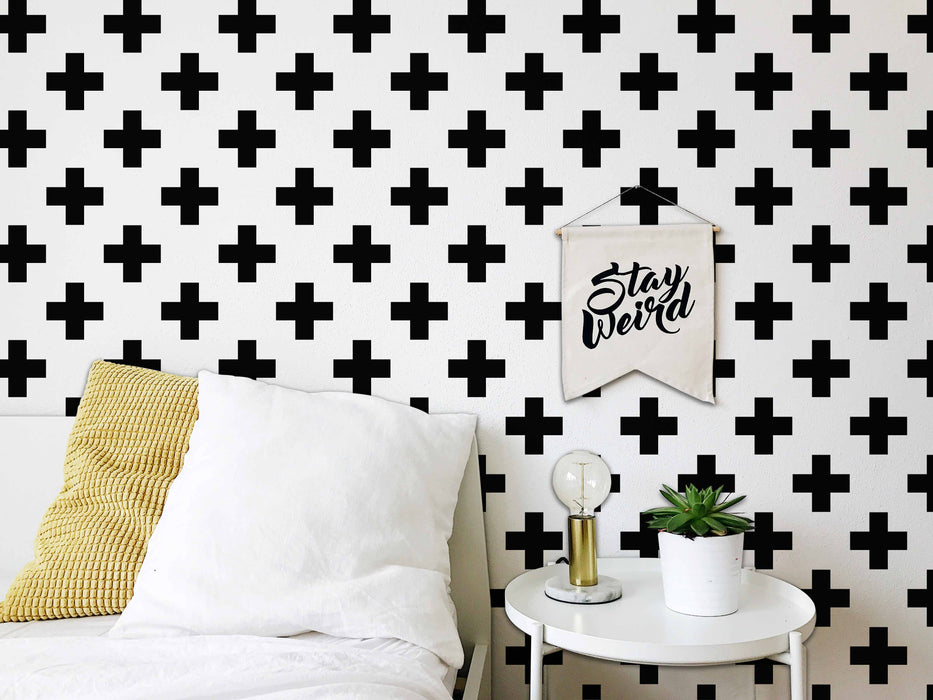 Swiss Cross White & Black Wallpaper - Peel and Stick Wallpaper - Fall Flat Panels