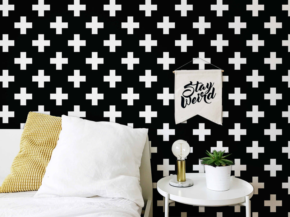 Swiss Cross Black & White Wallpaper - Peel and Stick Wallpaper - Fall Flat Panels