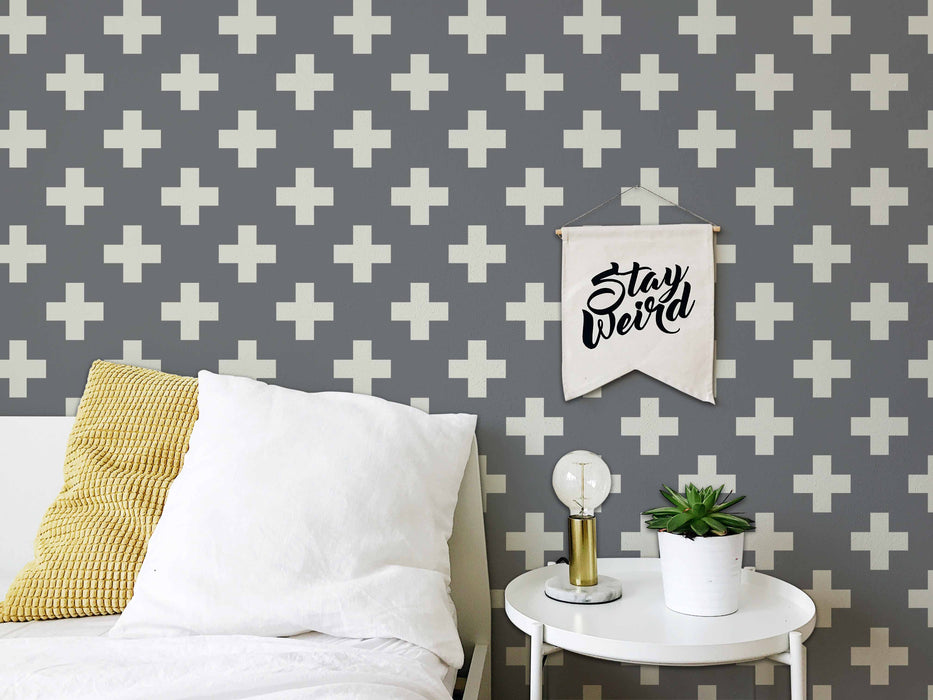Swiss Cross Gray & Cream Wallpaper - Peel and Stick Wallpaper - Fall Flat Panels