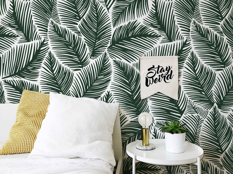 Allegra Leaf Green and White Wallpaper - Peel and Stick Wallpaper - Fall Flat Easy Panels