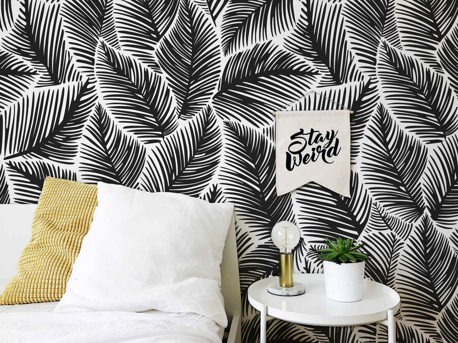 Allegra Leaf White and Black Wallpaper - Peel and Stick Wallpaper - Fall Flat Easy Panels
