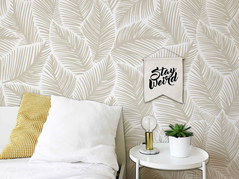 Allegra Leaf White and Beige Wallpaper - Peel and Stick Wallpaper - Fall Flat Easy Panels