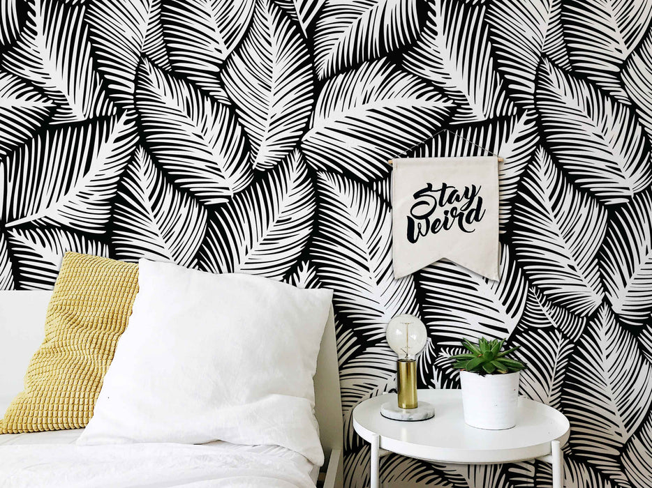 Allegra Leaf Black White Wallpaper - Peel and Stick Wallpaper - Fall Flat Easy Panels