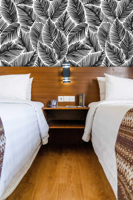 Allegra Leaf White and Black Wallpaper - Peel and Stick Wallpaper - Fall Flat Easy Panels