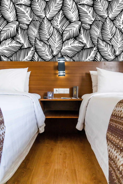 Allegra Leaf Black White Wallpaper - Peel and Stick Wallpaper - Fall Flat Easy Panels