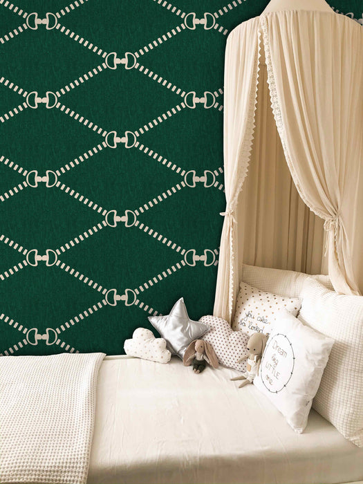 Horsebit Monogram Wallpaper Green LARGE - Peel and Stick Wallpaper - Fall Flat Panels