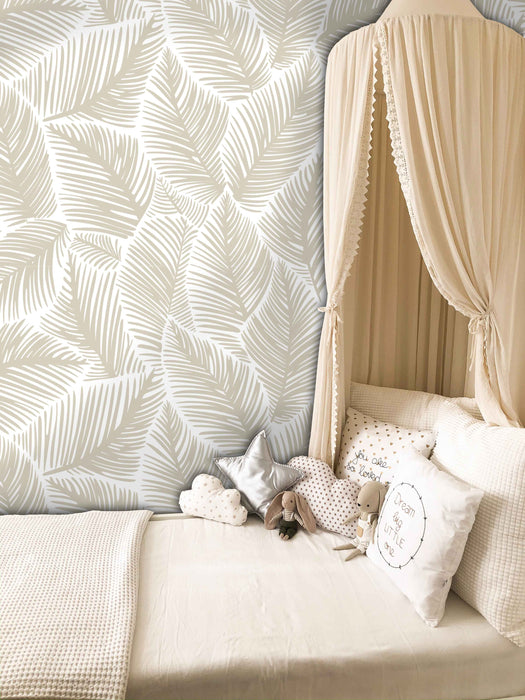 Allegra Leaf White and Beige Wallpaper - Peel and Stick Wallpaper - Fall Flat Easy Panels