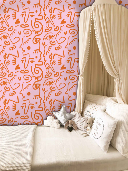 Scribble Face Wallpaper - Peel and Stick Wallpaper - Fall Flat Panels