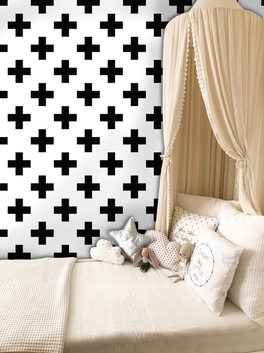 Swiss Cross White & Black Wallpaper - Peel and Stick Wallpaper - Fall Flat Panels
