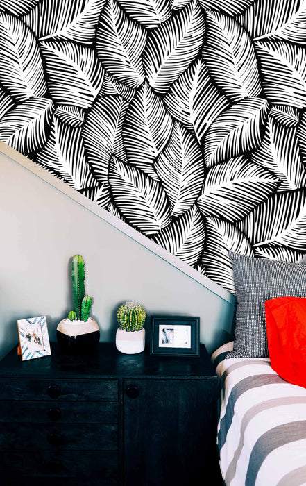Allegra Leaf Black White Wallpaper - Peel and Stick Wallpaper - Fall Flat Easy Panels