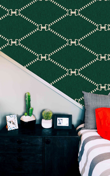 Horsebit Monogram Wallpaper Green LARGE - Peel and Stick Wallpaper - Fall Flat Panels