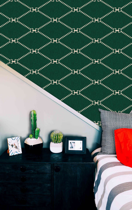 Horsebit Monogram Wallpaper Green SMALL - Peel and Stick Wallpaper - Fall Flat Panels
