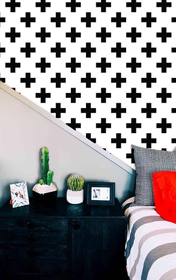 Swiss Cross White & Black Wallpaper - Peel and Stick Wallpaper - Fall Flat Panels