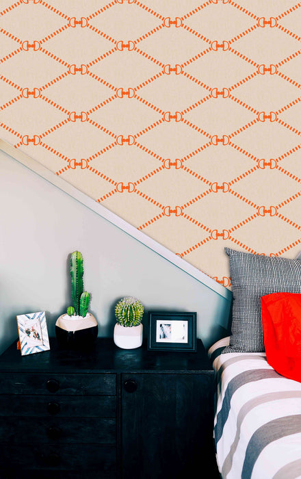 Horsebit Monogram Wallpaper Tangerine SMALL - Peel and Stick Wallpaper - Fall Flat Panels
