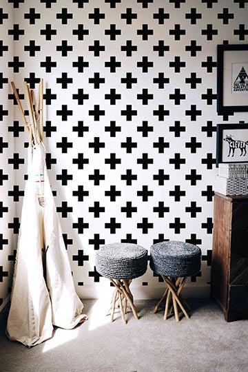 Swiss Cross White & Black Wallpaper - Peel and Stick Wallpaper - Fall Flat Panels