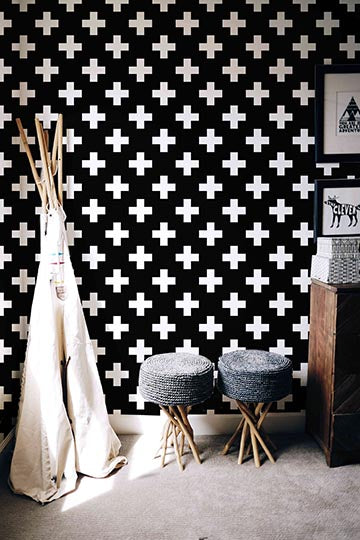 Swiss Cross Black & White Wallpaper - Peel and Stick Wallpaper - Fall Flat Panels