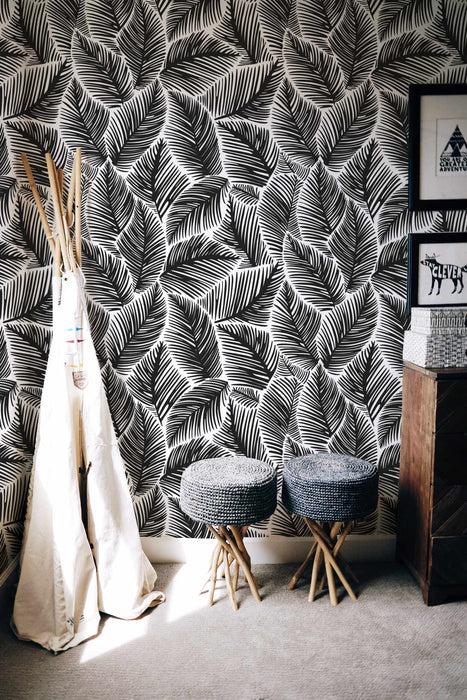 Allegra Leaf White and Black Wallpaper - Peel and Stick Wallpaper - Fall Flat Easy Panels