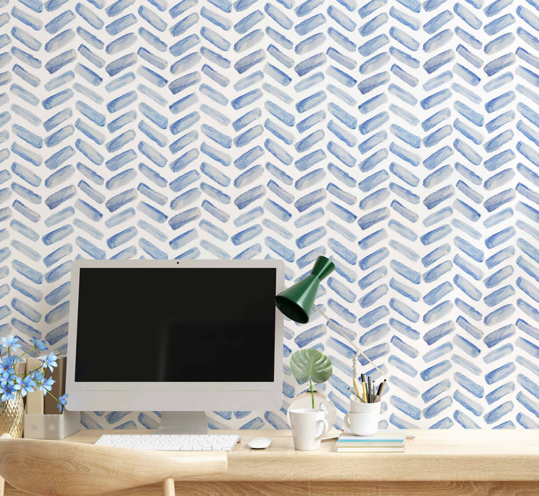 Herringbone Wallpaper Blue Chevron - Peel and Stick Wallpaper - Fall Flat Install Panels