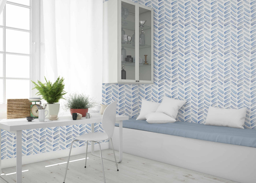 Herringbone Wallpaper Blue Chevron - Peel and Stick Wallpaper - Fall Flat Install Panels