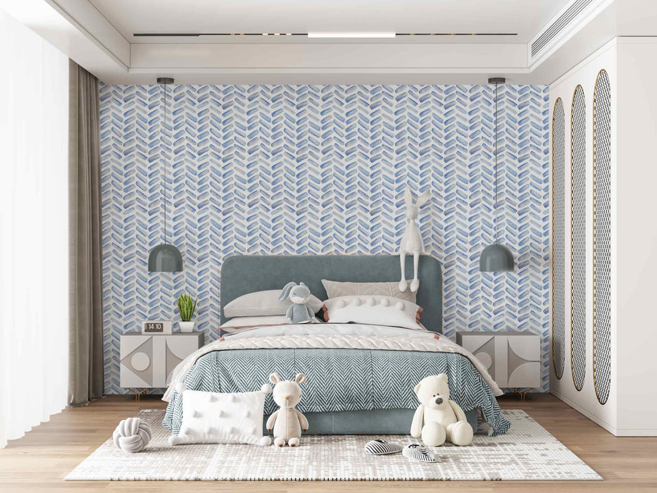 Herringbone Wallpaper Blue Chevron - Peel and Stick Wallpaper - Fall Flat Install Panels