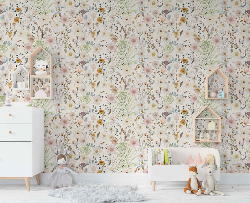 Watercolor Floral Wallpaper - Peel and Stick Wallpaper - Fall Flat Panels