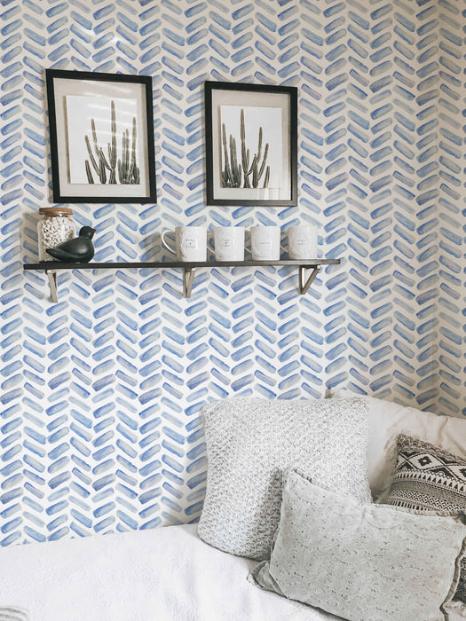 Herringbone Wallpaper Blue Chevron - Peel and Stick Wallpaper - Fall Flat Install Panels