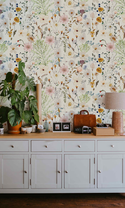 Watercolor Floral Wallpaper - Peel and Stick Wallpaper - Fall Flat Panels