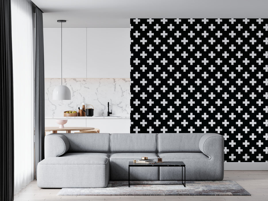 Swiss Cross Black & White Wallpaper - Peel and Stick Wallpaper - Fall Flat Panels