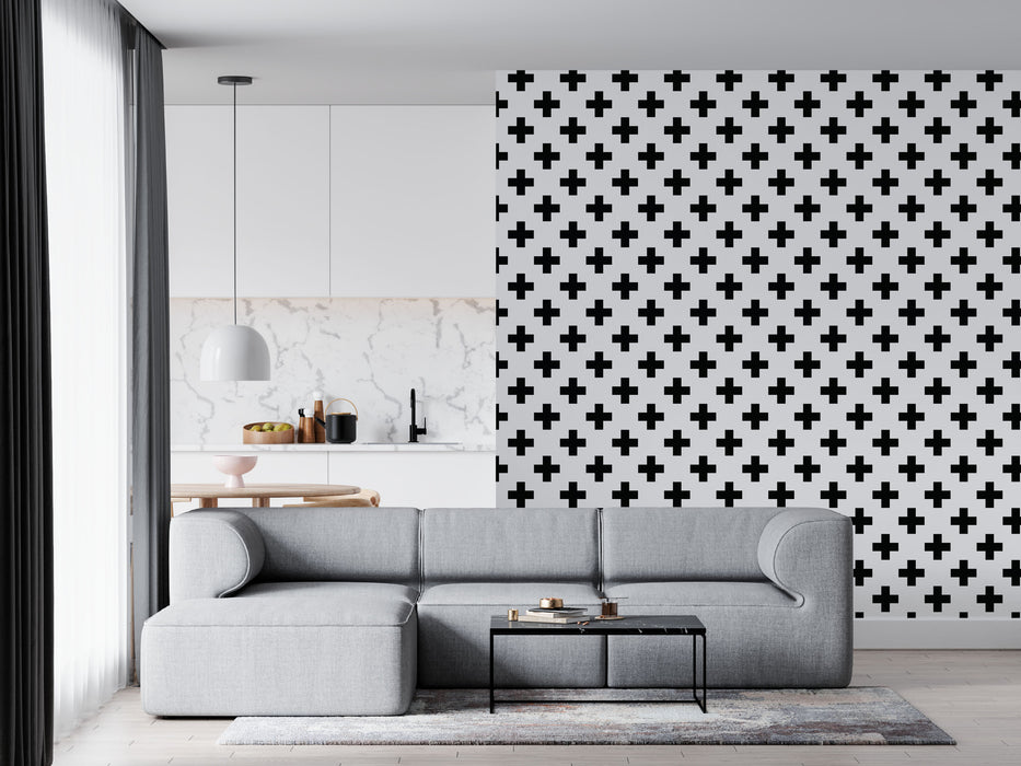 Swiss Cross White & Black Wallpaper - Peel and Stick Wallpaper - Fall Flat Panels