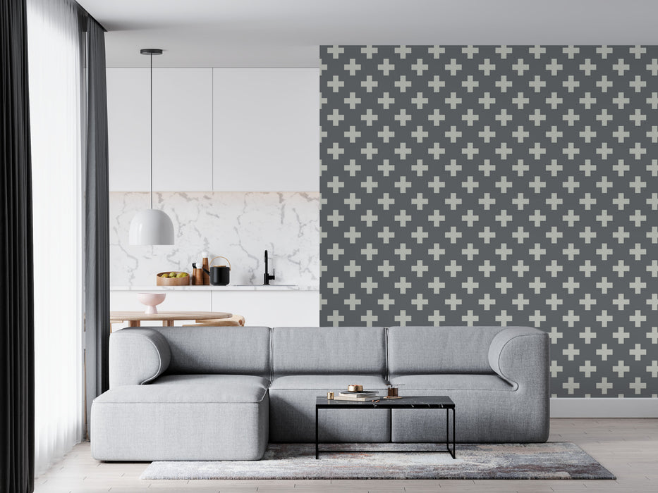 Swiss Cross Gray & Cream Wallpaper - Peel and Stick Wallpaper - Fall Flat Panels