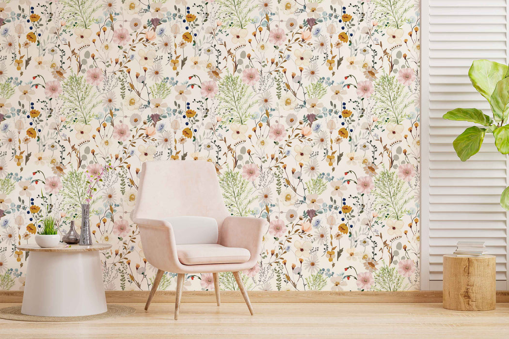 Watercolor Floral Wallpaper - Peel and Stick Wallpaper - Fall Flat Panels