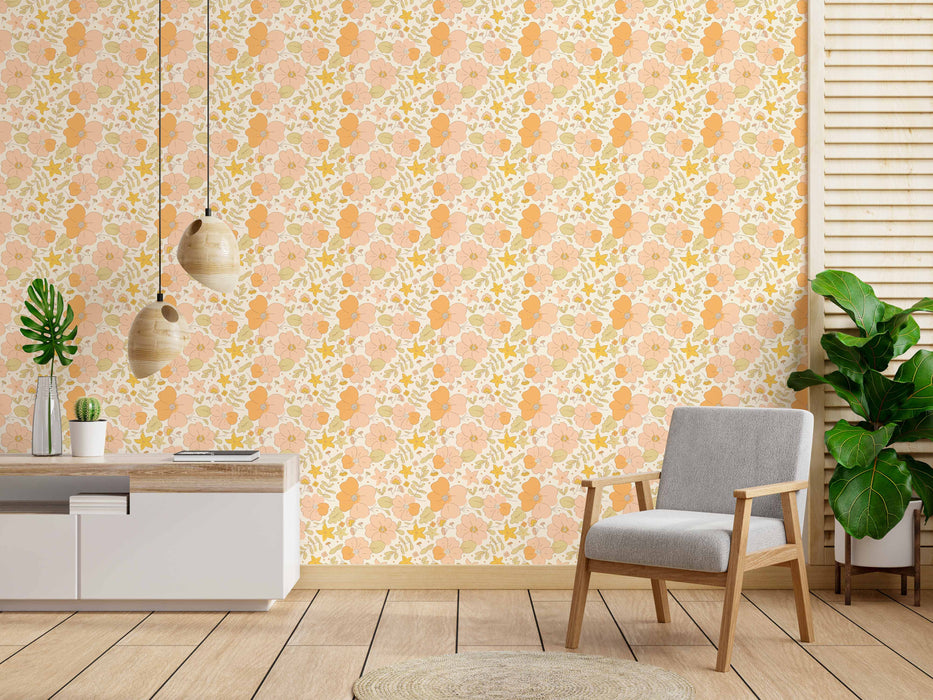 Playful 70's Floral Wallpaper - Peel and Stick Wallpaper - Fall Flat Panels