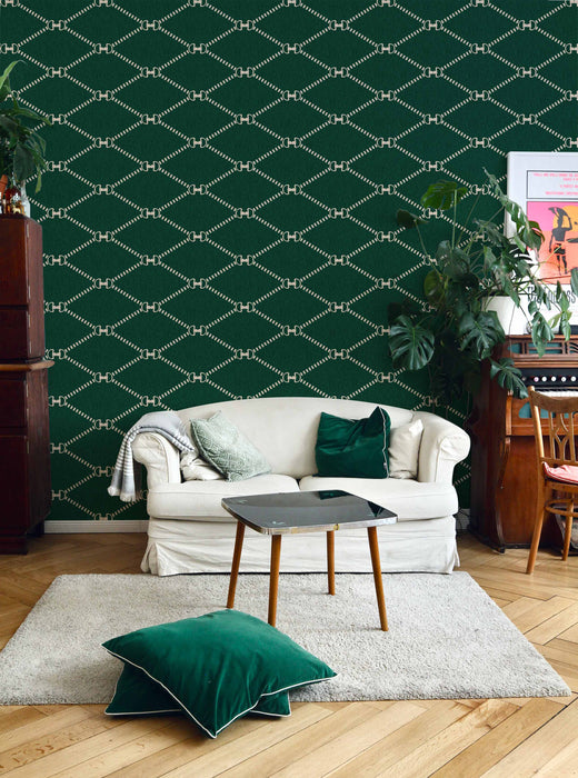 Horsebit Monogram Wallpaper Green SMALL - Peel and Stick Wallpaper - Fall Flat Panels